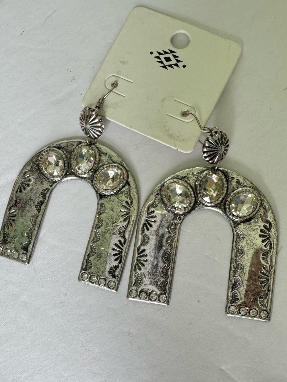 Western Horseshoe Dangle Earrings Silver Tone Rhinestone Scroll Boho